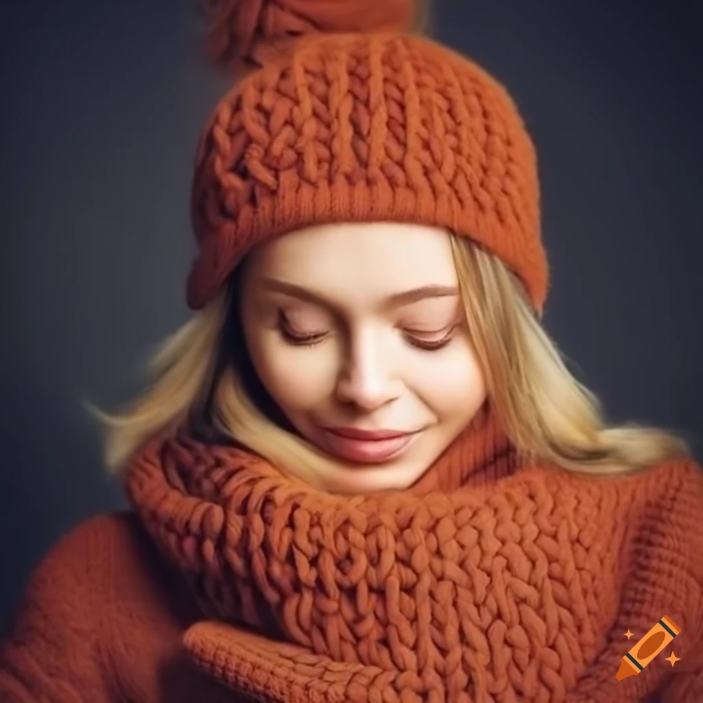 Smiling woman in a chunky knit turtleneck sweater and winter hat