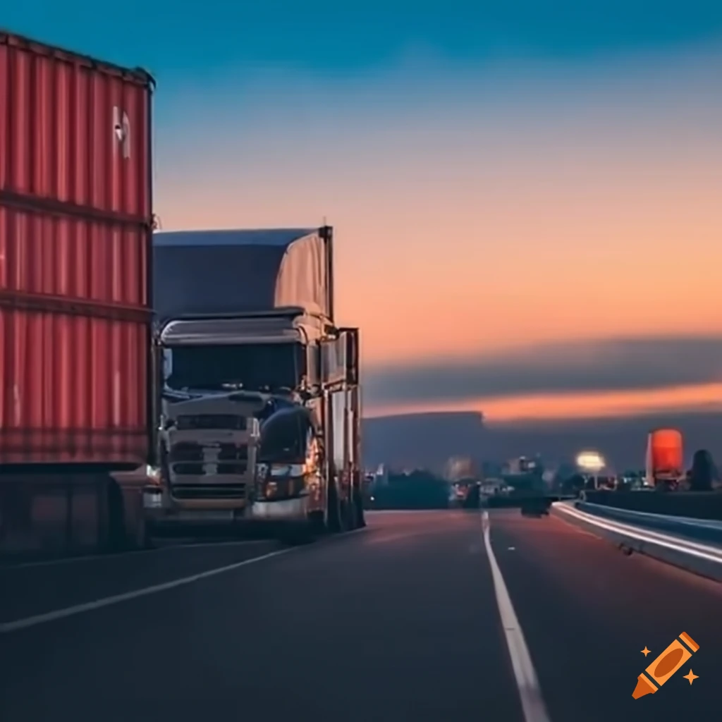 Trucks transporting shipping containers down a highway on Craiyon