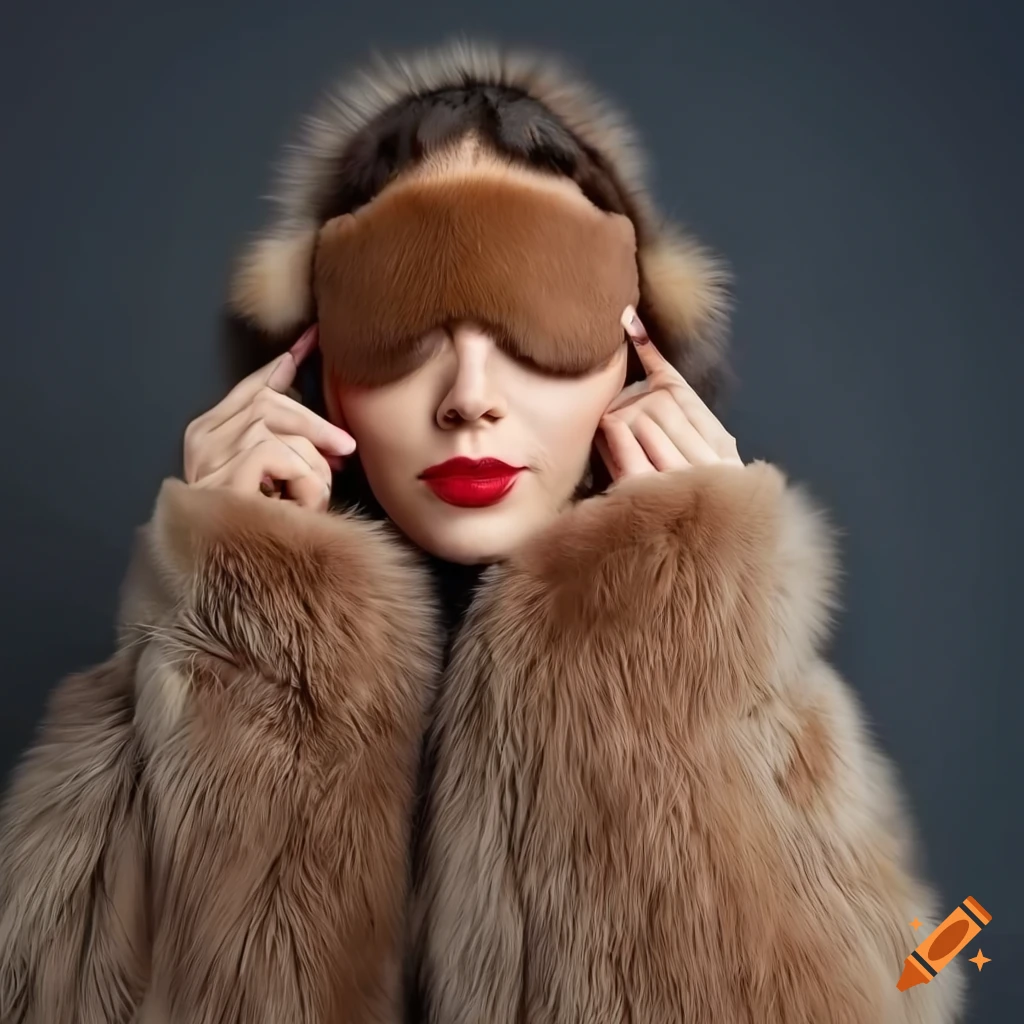 Woman wearing a stylish fur coat and sleep mask on Craiyon