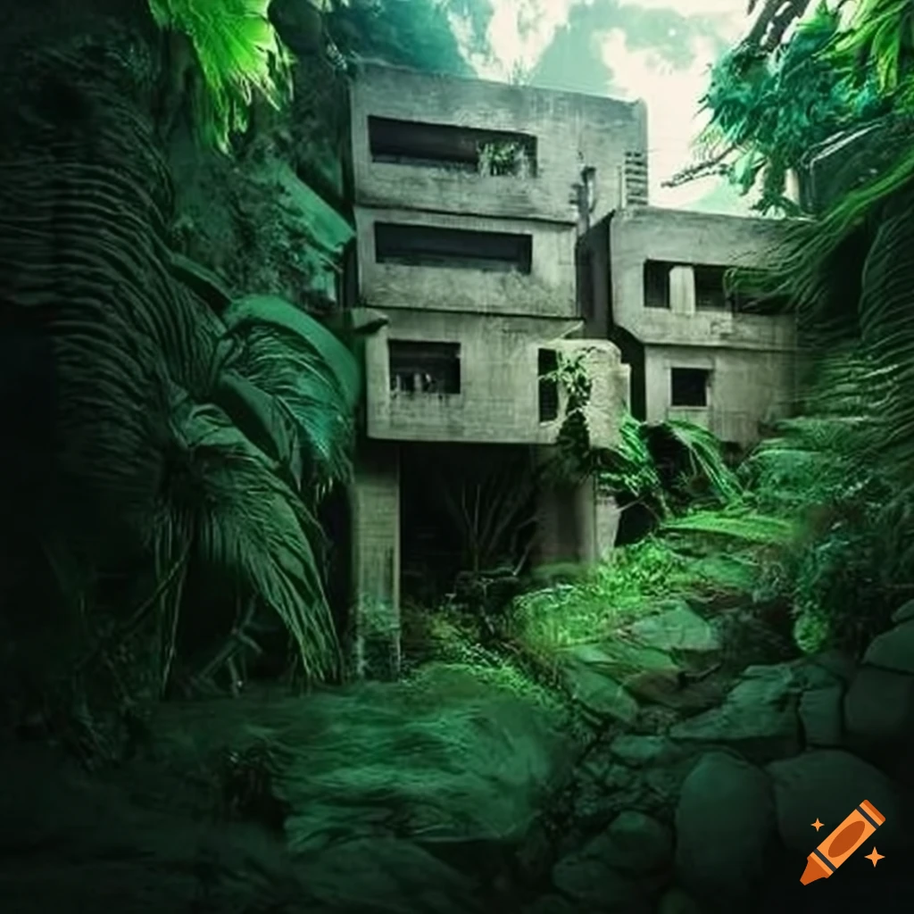 Brutalist building in the jungle on Craiyon