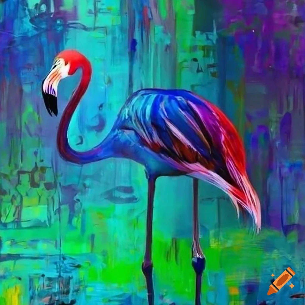 Vibrant artwork of a green and blue flamingo