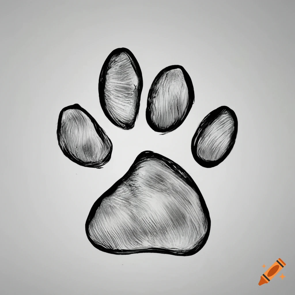 Dog footprints line art print. Dog's paw in the heart - love for a pet . Paw  doodle illustration