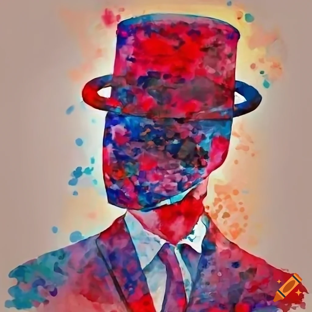 Man in red suit with blindfold and top hat on Craiyon