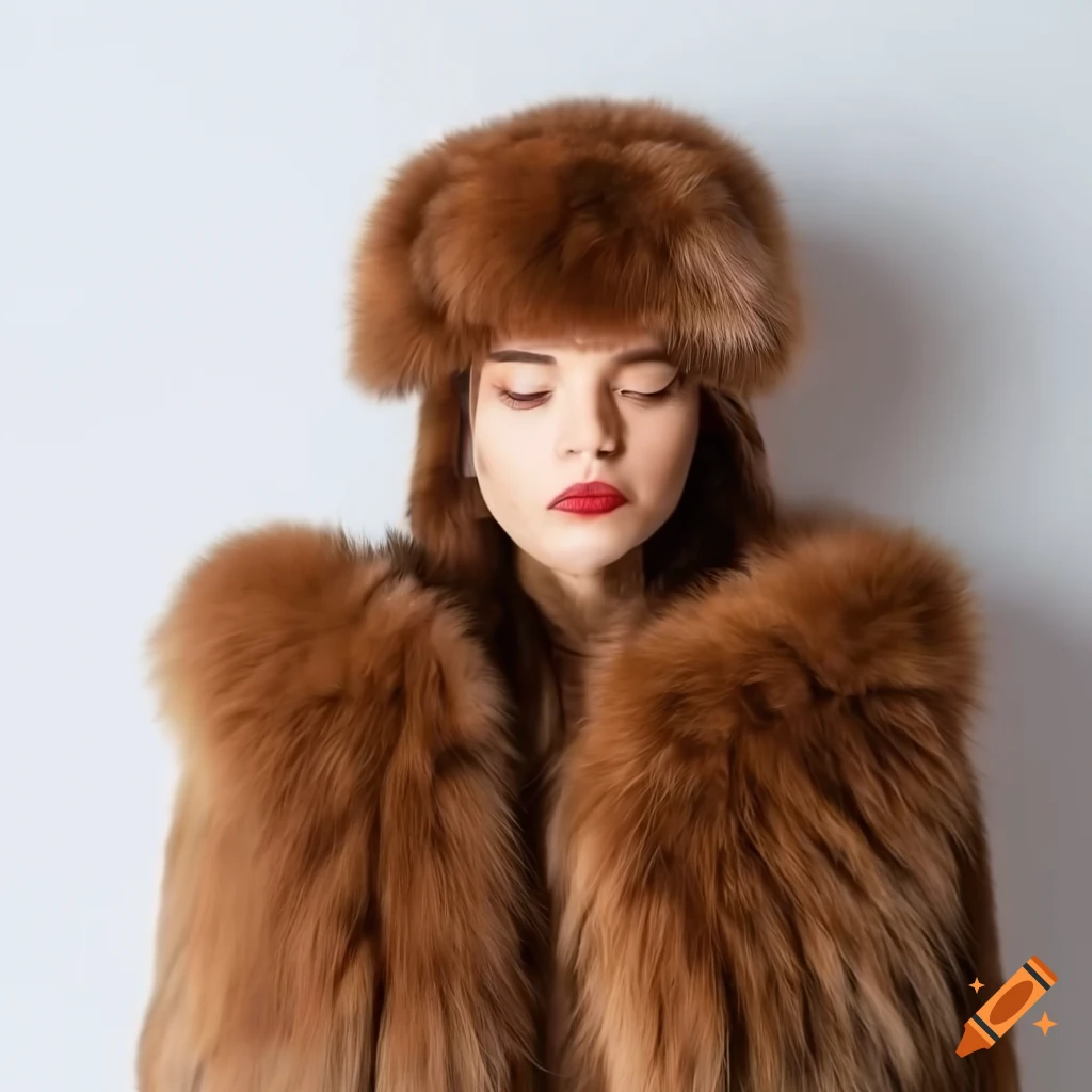 Photo of a stylish woman in a fluffy fur coat and sleep mask