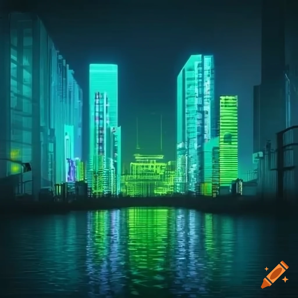 Futuristic cityscape with green neon lights on Craiyon
