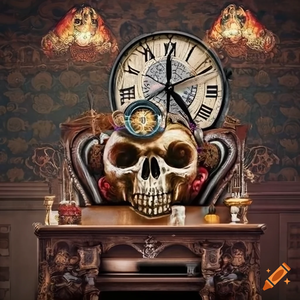 Punk and gothic living room with skulls watching tv on Craiyon