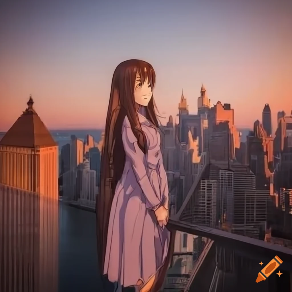 anime girl on a Manhattan skyscraper at sunset