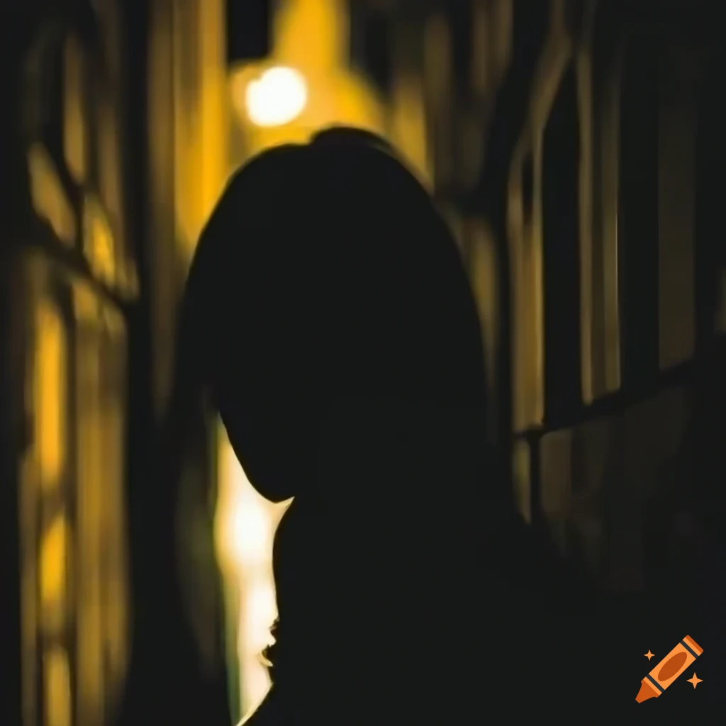mysterious silhouette with glowing eyes in a medieval street