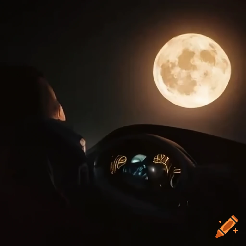man driving in car with open window under the moonlight
