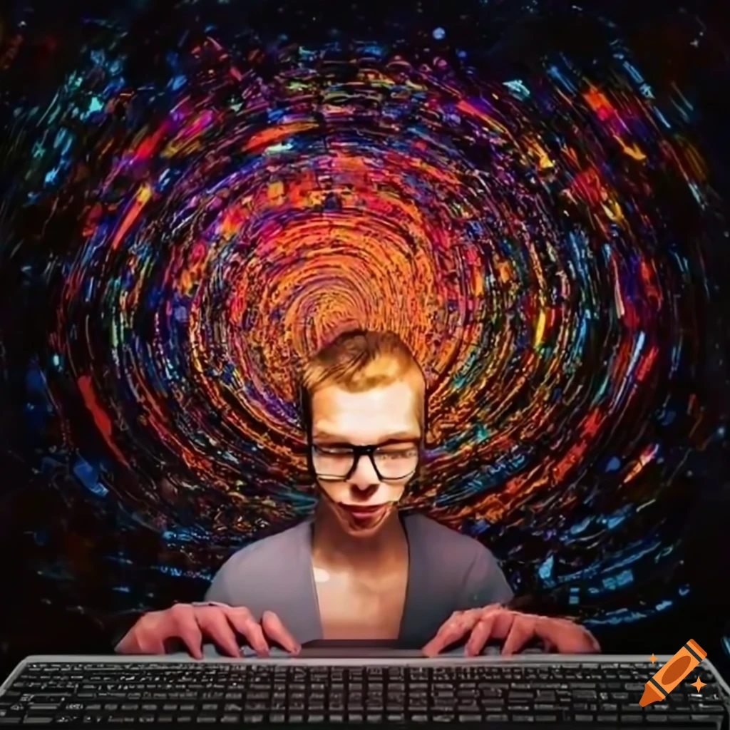 abstract art with a guy doing data science on his computer
