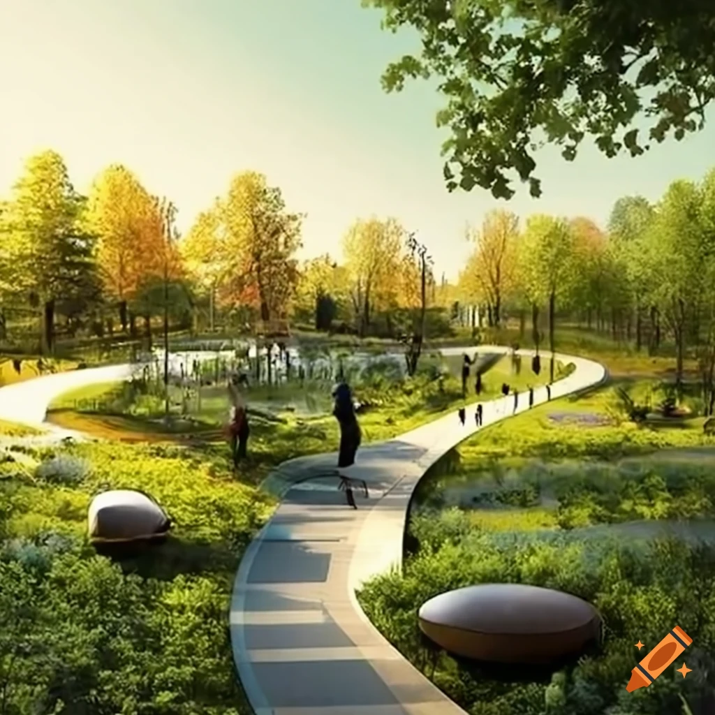 Modern Urban Park Design With Green Spaces And Recreational Areas