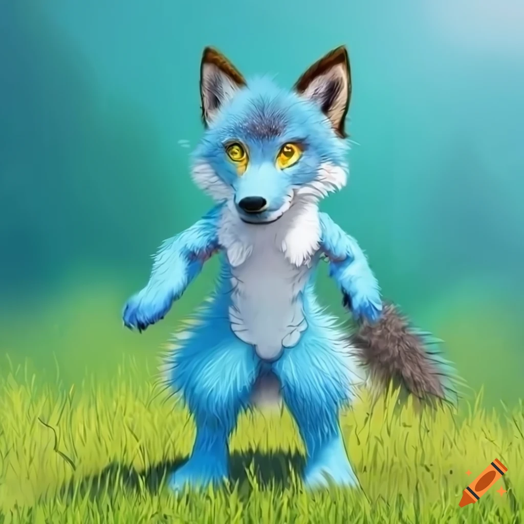Fluffy anthropomorphic wolf in sunny weather