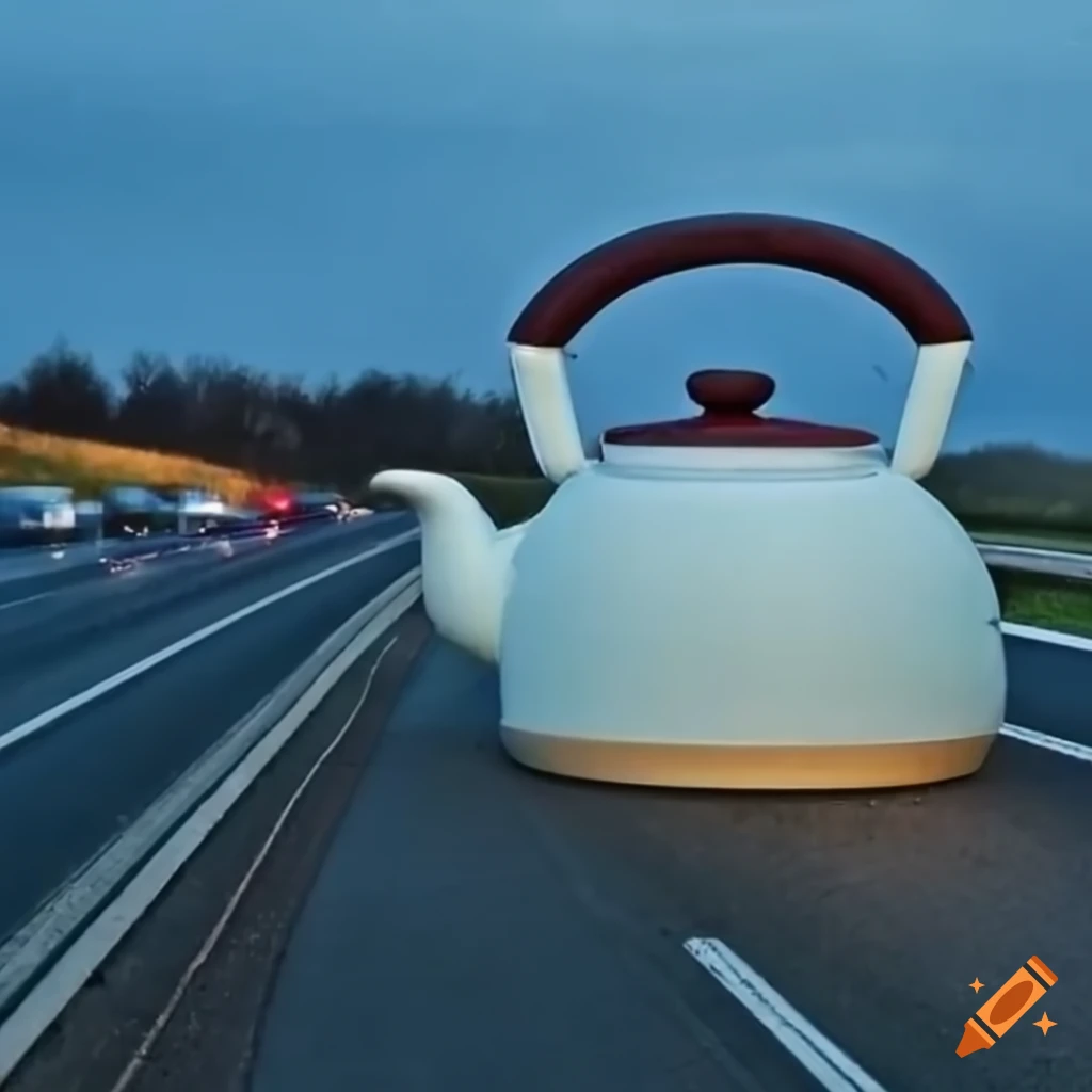 Giant tea kettle on a motorway on Craiyon
