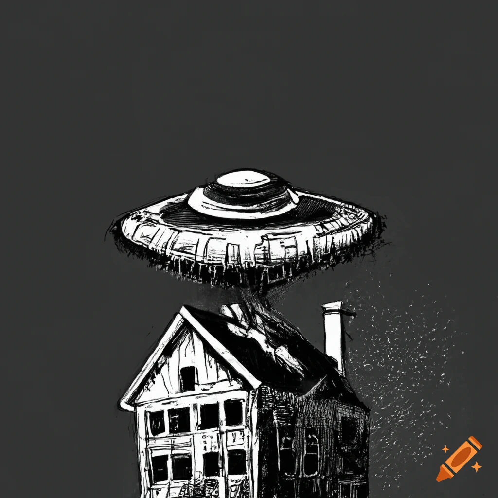 black and white ink drawing of a UFO above a house
