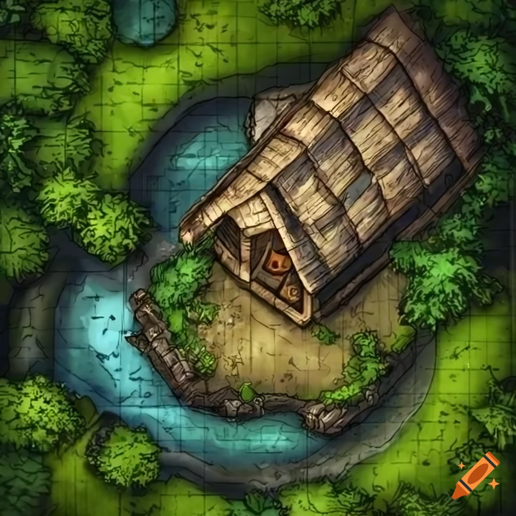 Dnd battlemap of a cottage in the jungle on Craiyon
