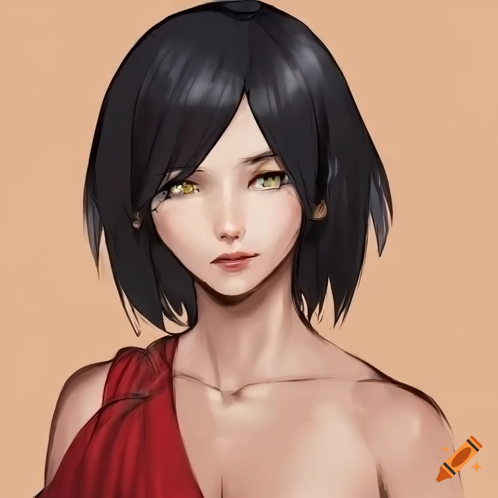 anime style artwork of a athletic female with short black hair and green eyes