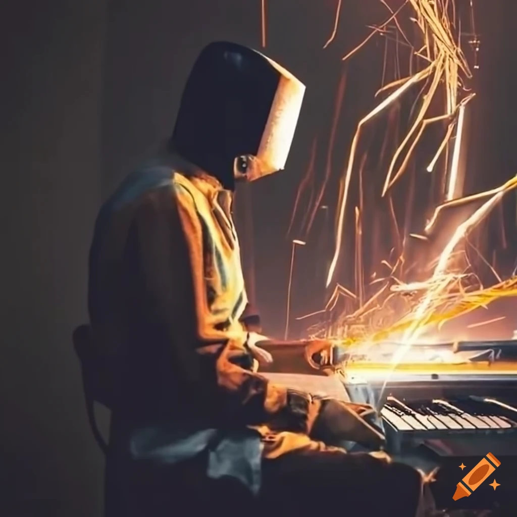 skilled welder playing piano amidst sparks