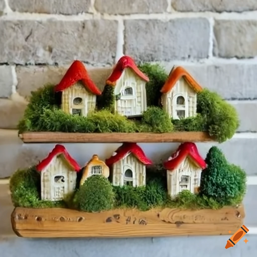 miniature moss mushroom houses on a shelf