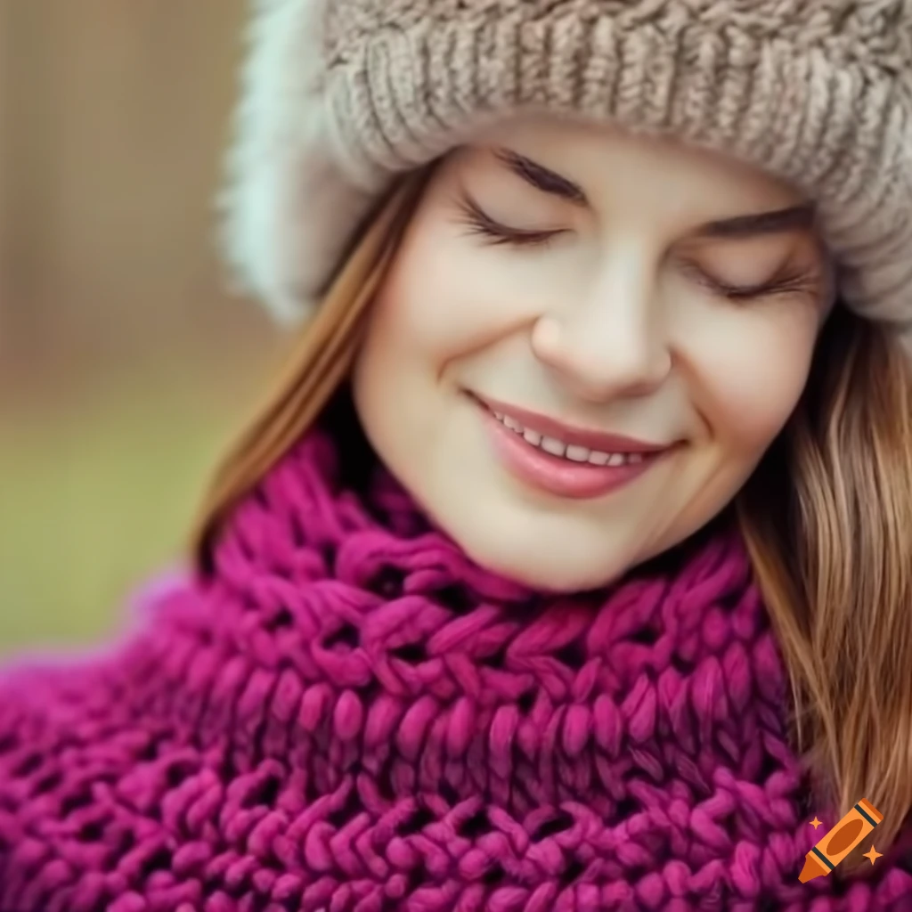 Smiling woman in a chunky knit turtleneck sweater and winter hat on Craiyon