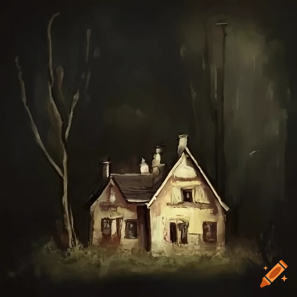 romantic painting of a decaying house