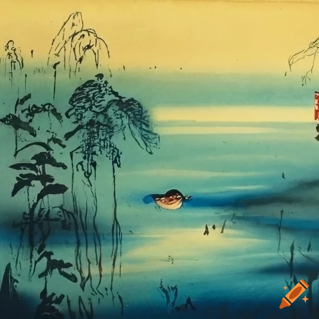 Chinese ink painting of a river with a small boat on Craiyon