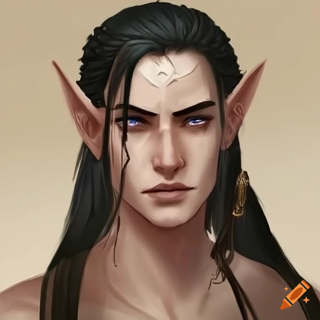 illustration of a male high elf with tan skin and long black hair