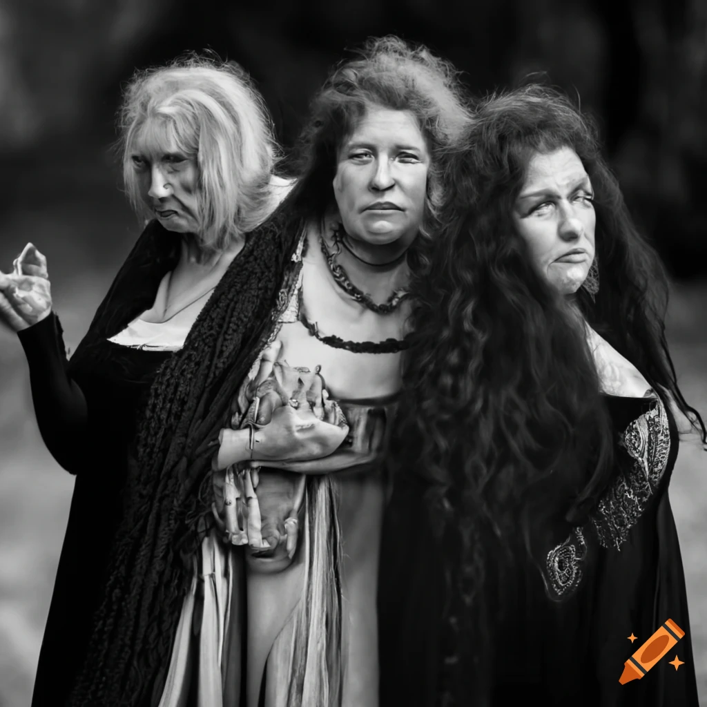Black and white photo of three women in medieval attire on Craiyon
