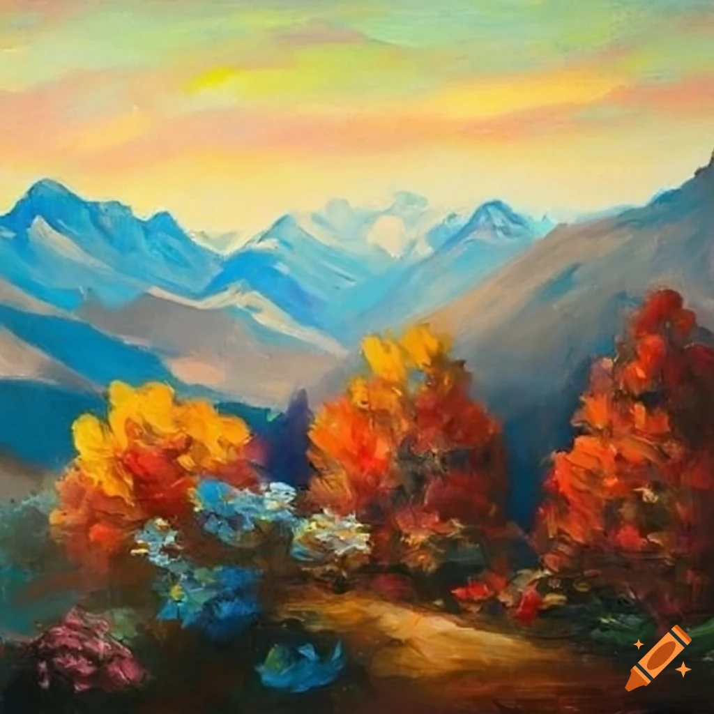 Oil painting of mountains and flowers on Craiyon