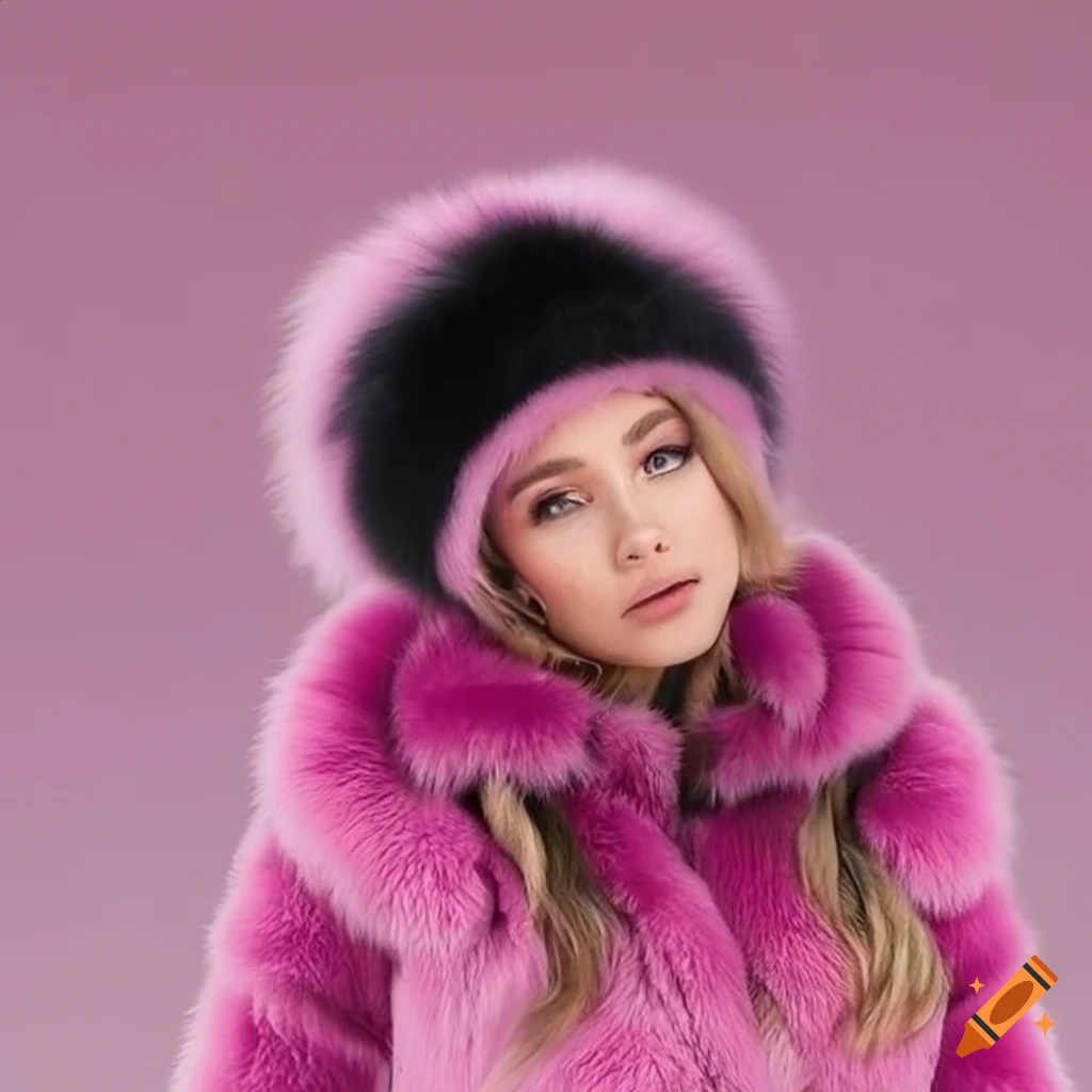 Pink fur ski suit and black fur hat
