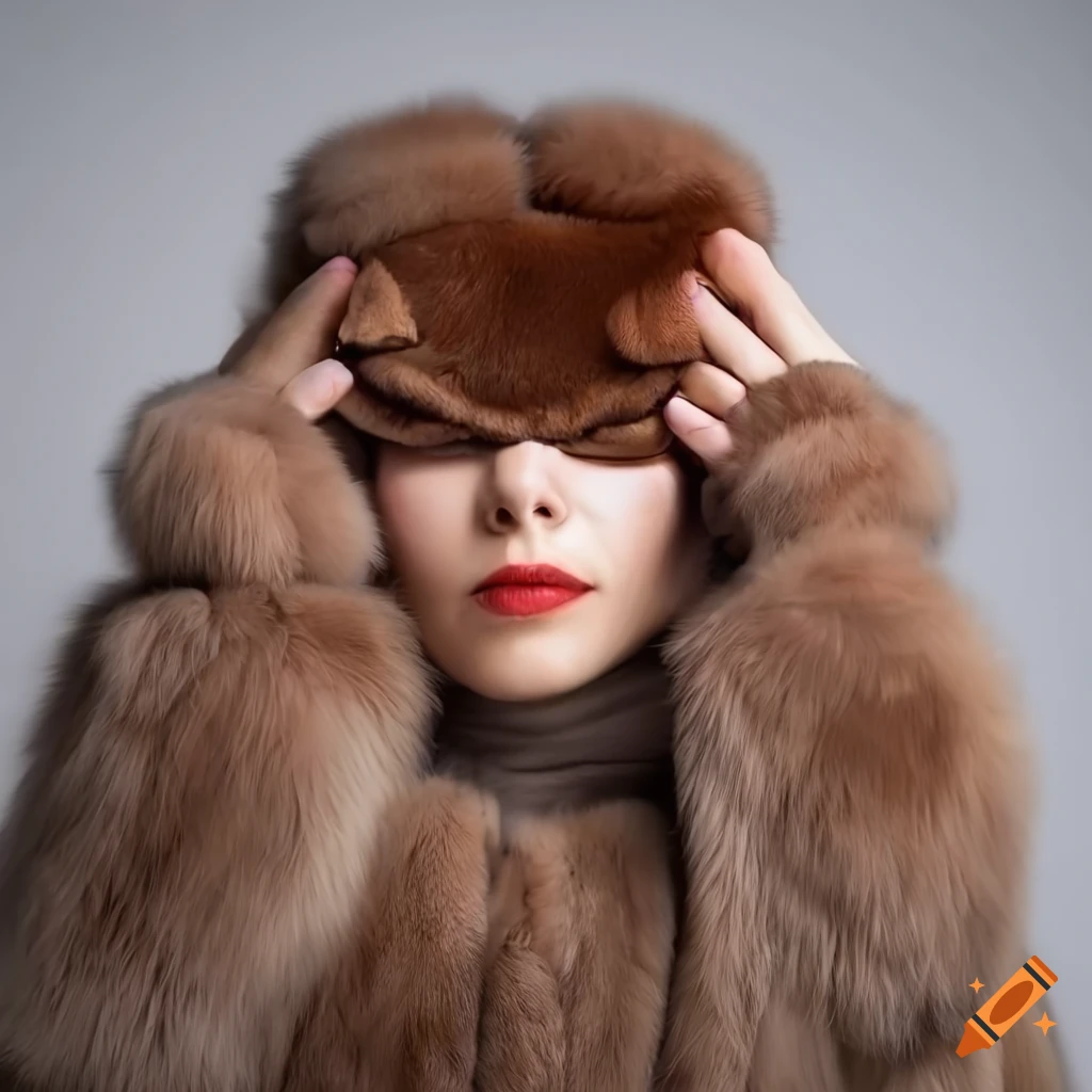 Fashionable woman wearing a fluffy fur coat and sleep mask on Craiyon