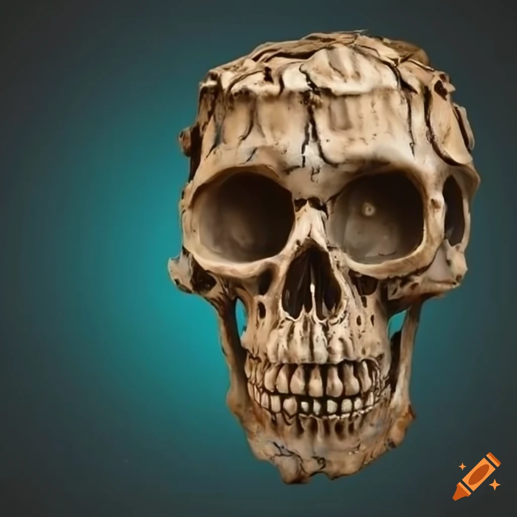 skull with a carving of the word remnants