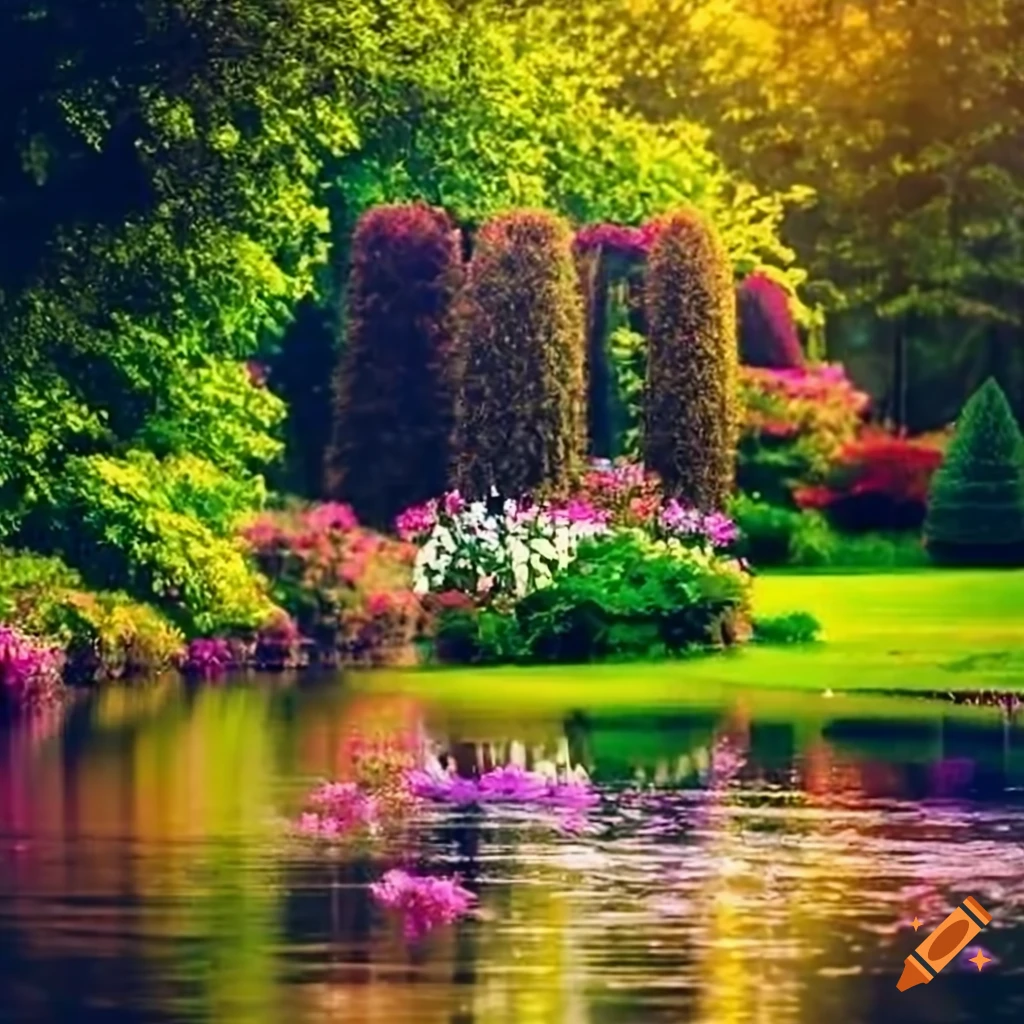 vibrant garden with blooming flowers by the lake