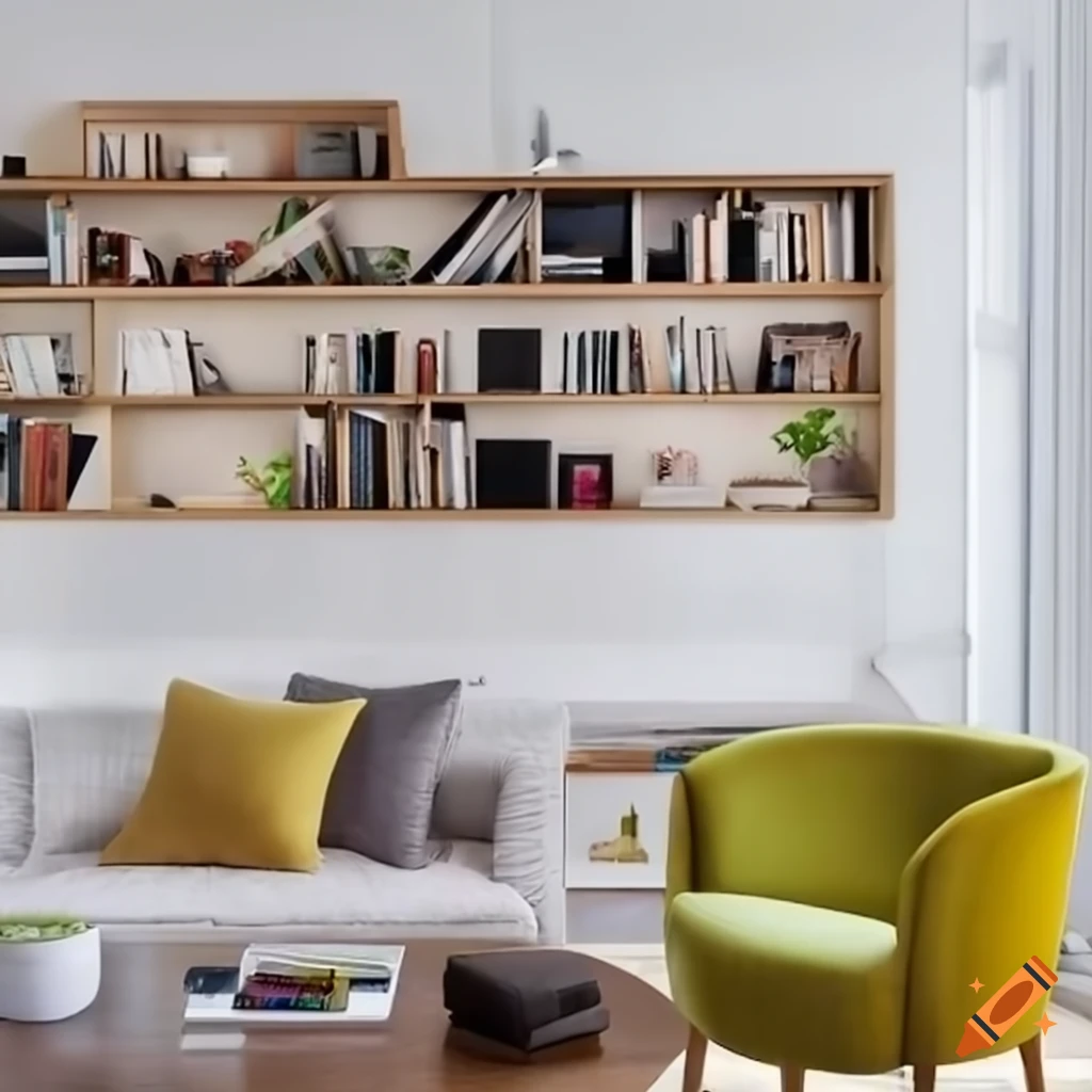 modern living room with a bookshelf full of comics