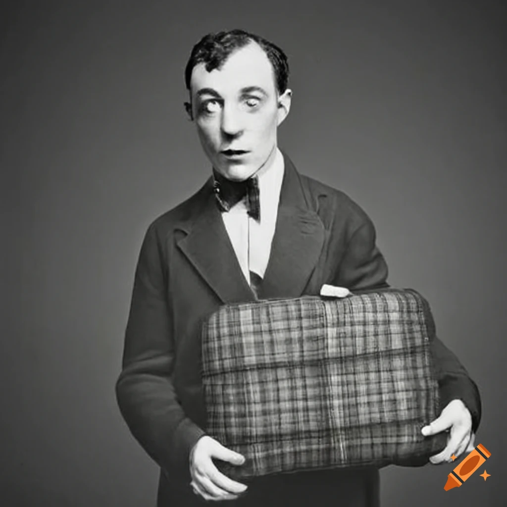 Vintage photo of buster keaton with a plaid suitcase