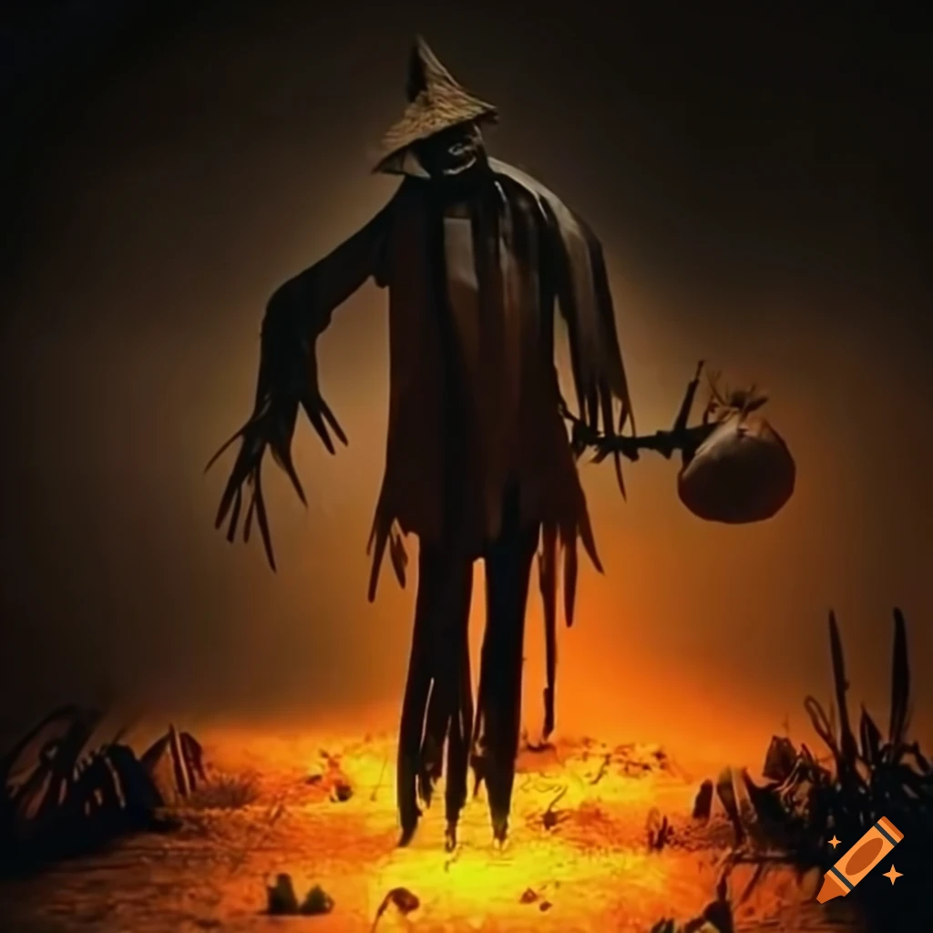 spooky scarecrow in a haunted pumpkin patch