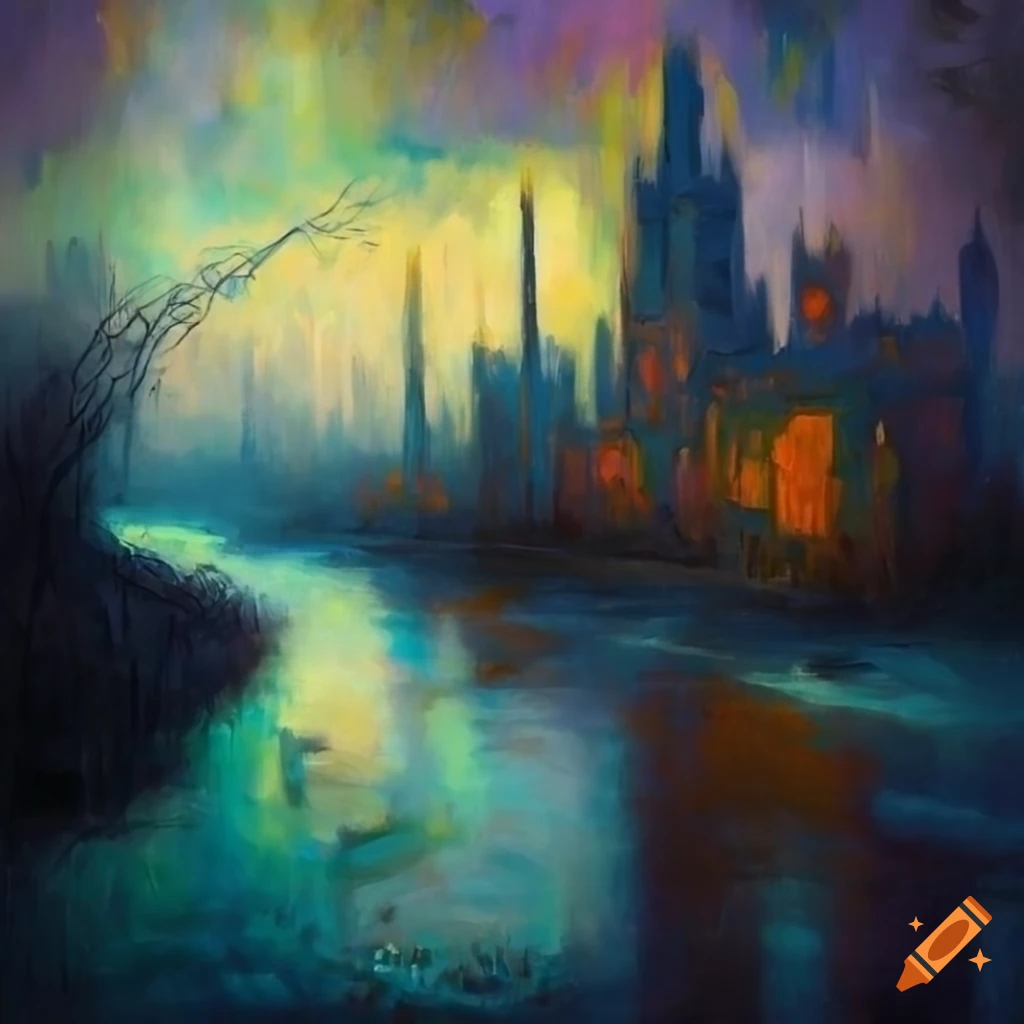 impressionist painting of a river winding through city ruins