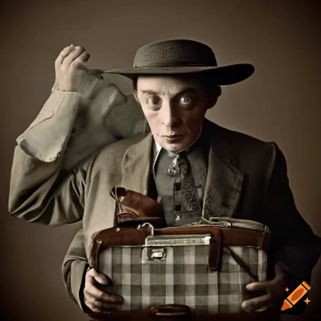 Buster Keaton holding a plaid suitcase