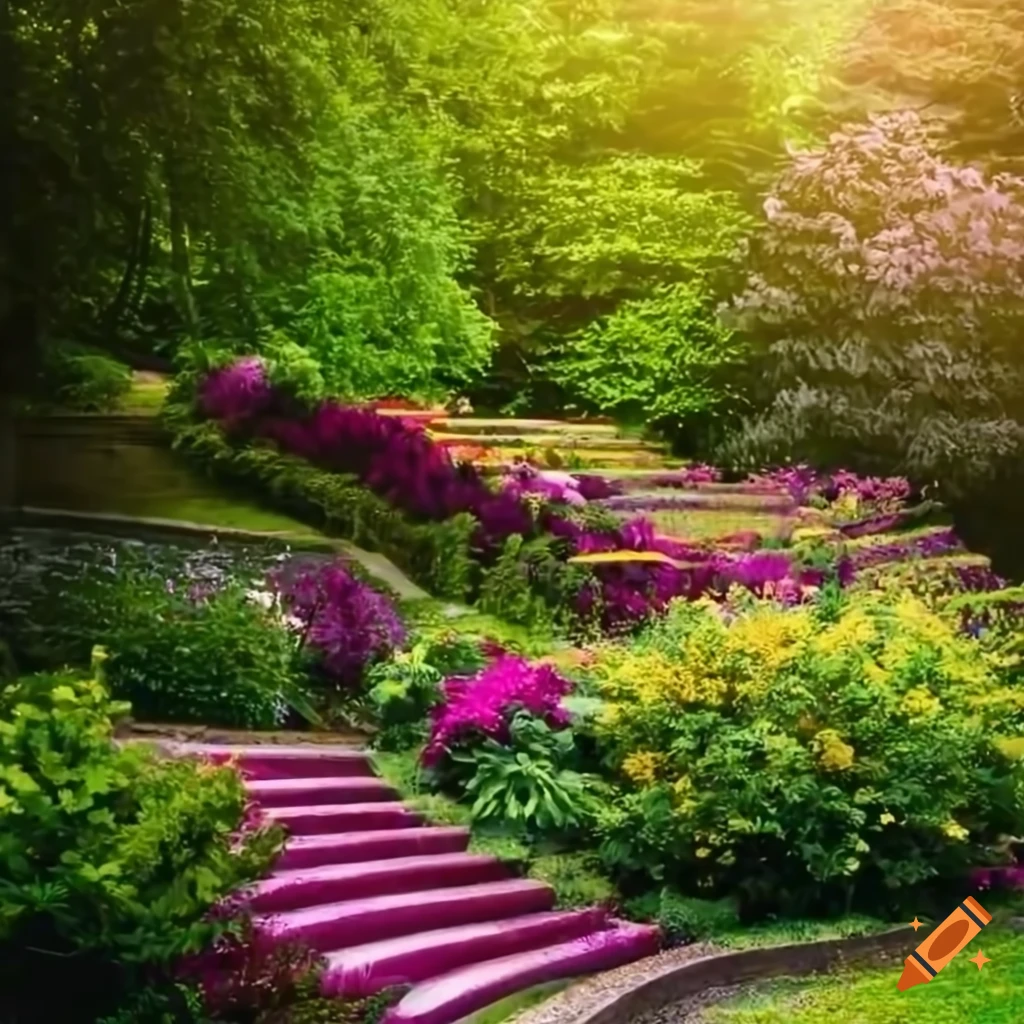 Vibrant garden with blooming flowers and plants on Craiyon