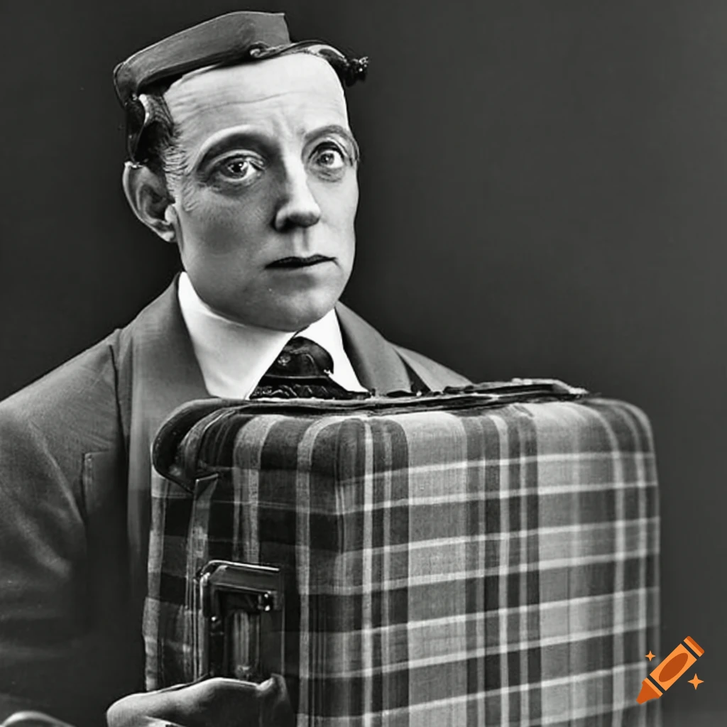 vintage photo of Buster Keaton with a plaid suitcase