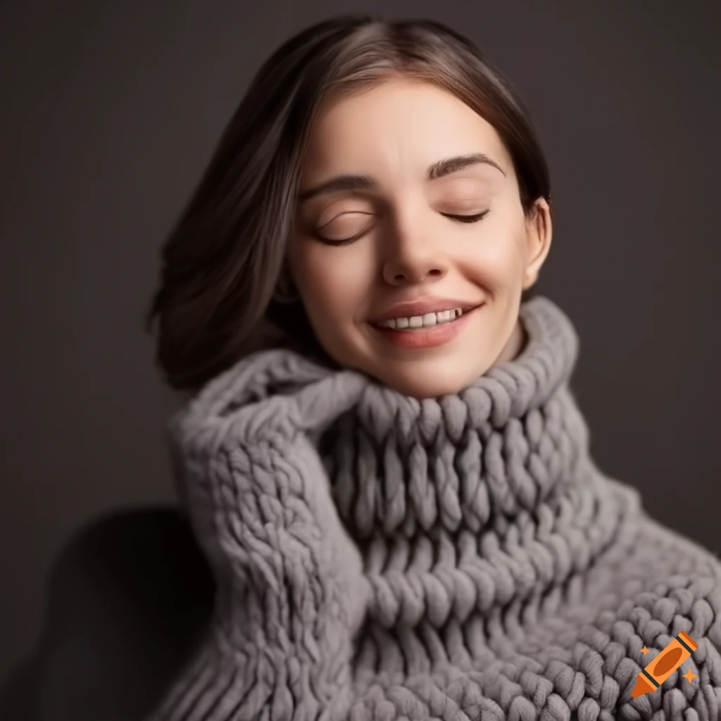 Smiling woman in a chunky knit turtleneck sweater on Craiyon