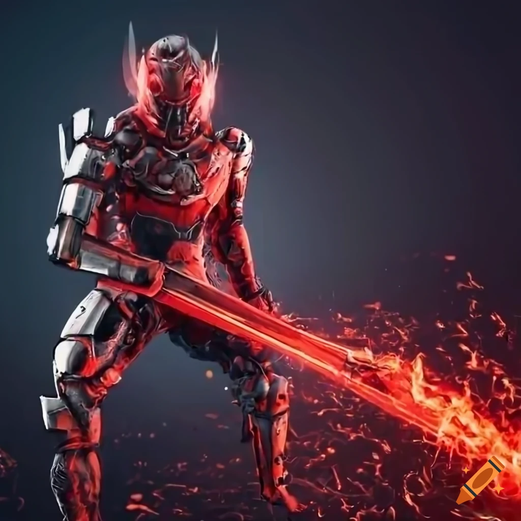 Art of a cybernetic armor holding a red energy blade in front of a
