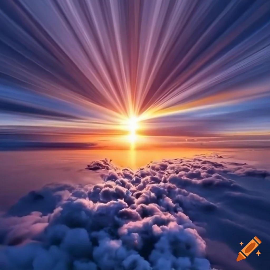 Sunrise with radiant sunbeams piercing clouds