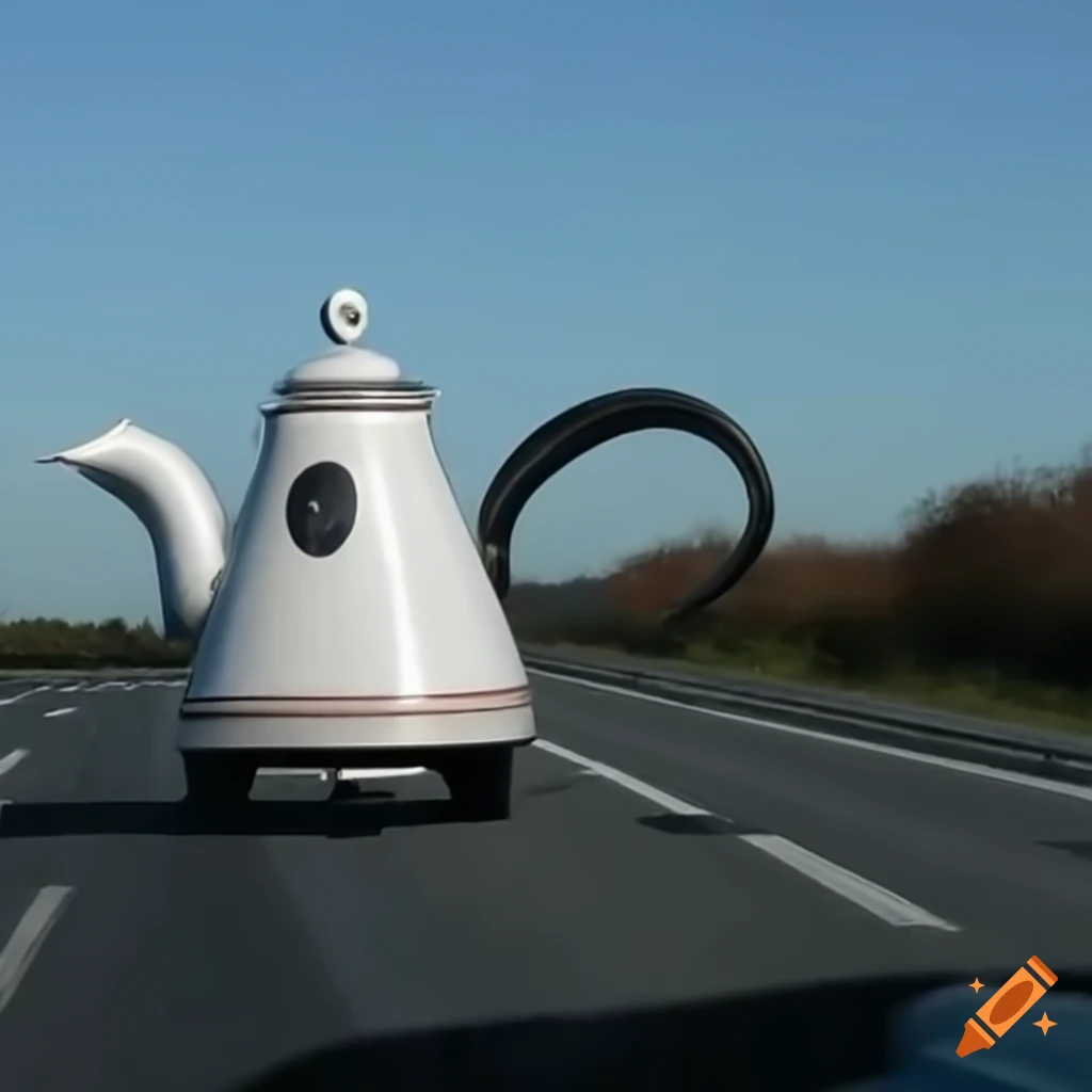 Giant tea kettle on a motorway on Craiyon