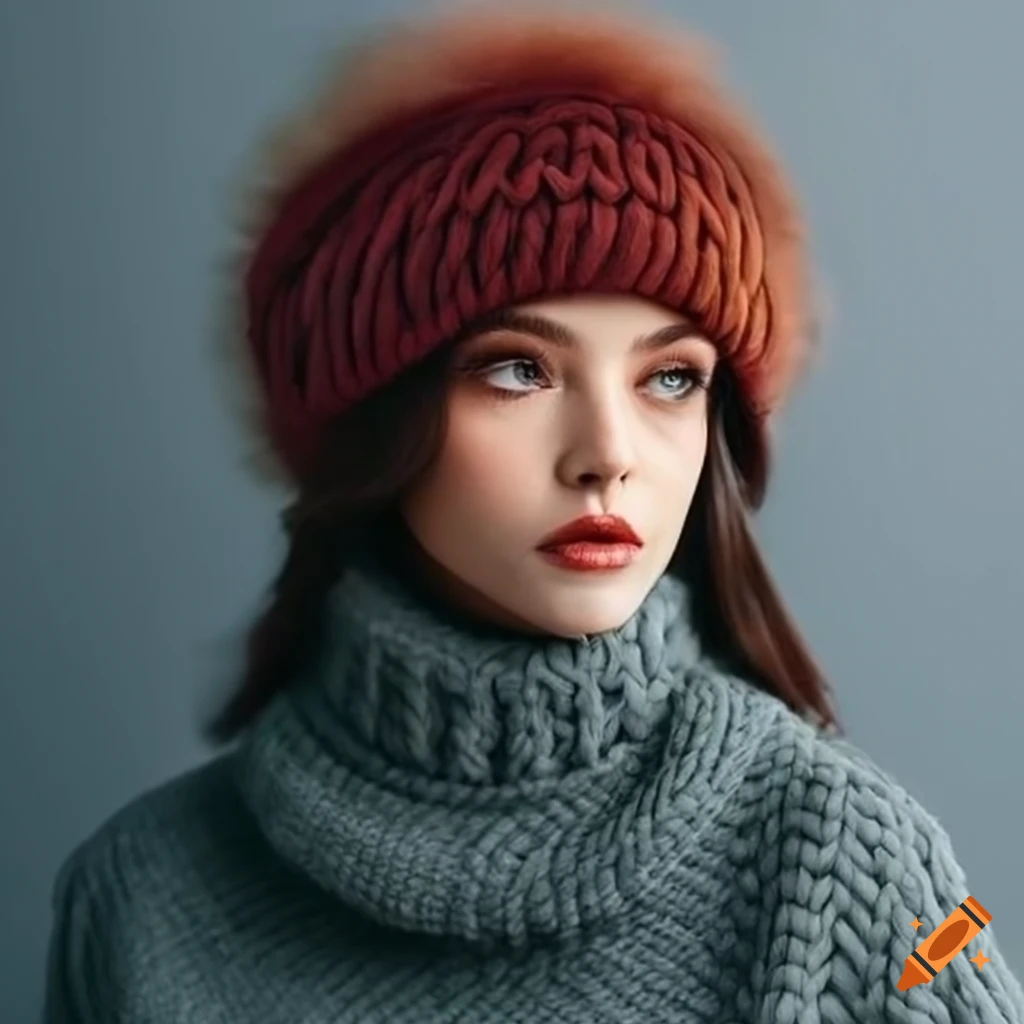 Woman wearing chunky knit turtleneck pullover and winter hat with fur ...