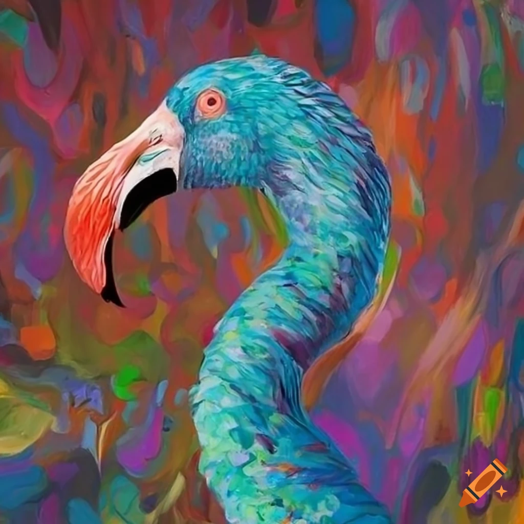 Vibrant artwork of a green and blue flamingo on Craiyon