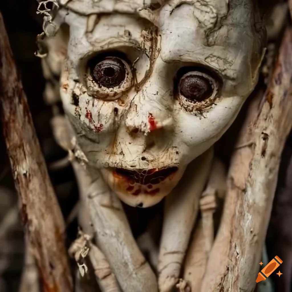 image of a decayed ent with hanging dolls