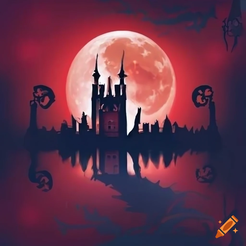 Spooky halloween skeleton with a castle in the red moonlight