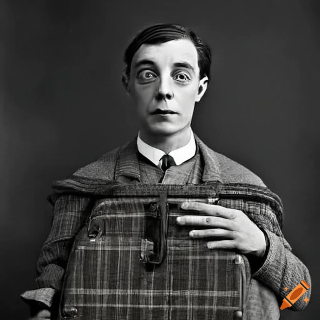 image of Buster Keaton with a plaid suitcase
