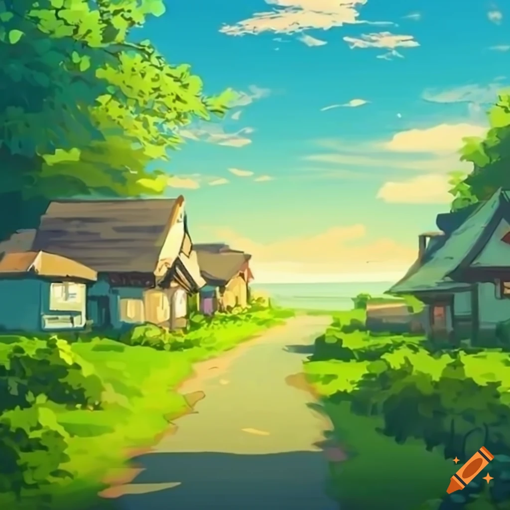 Anime Style Morning Walk In A Small Village On Craiyon