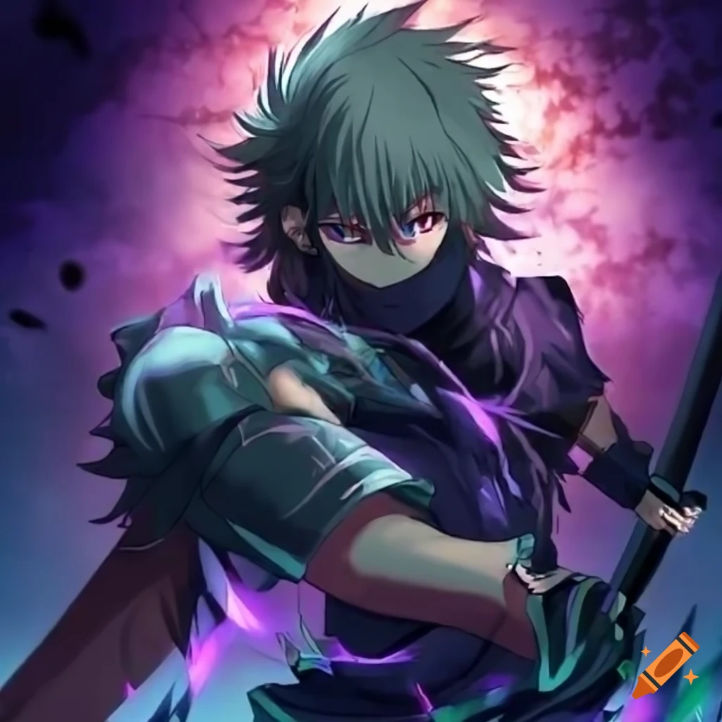 Anime character boy wearing a blue pant and bore skin holding a nichirin  sword , anime style